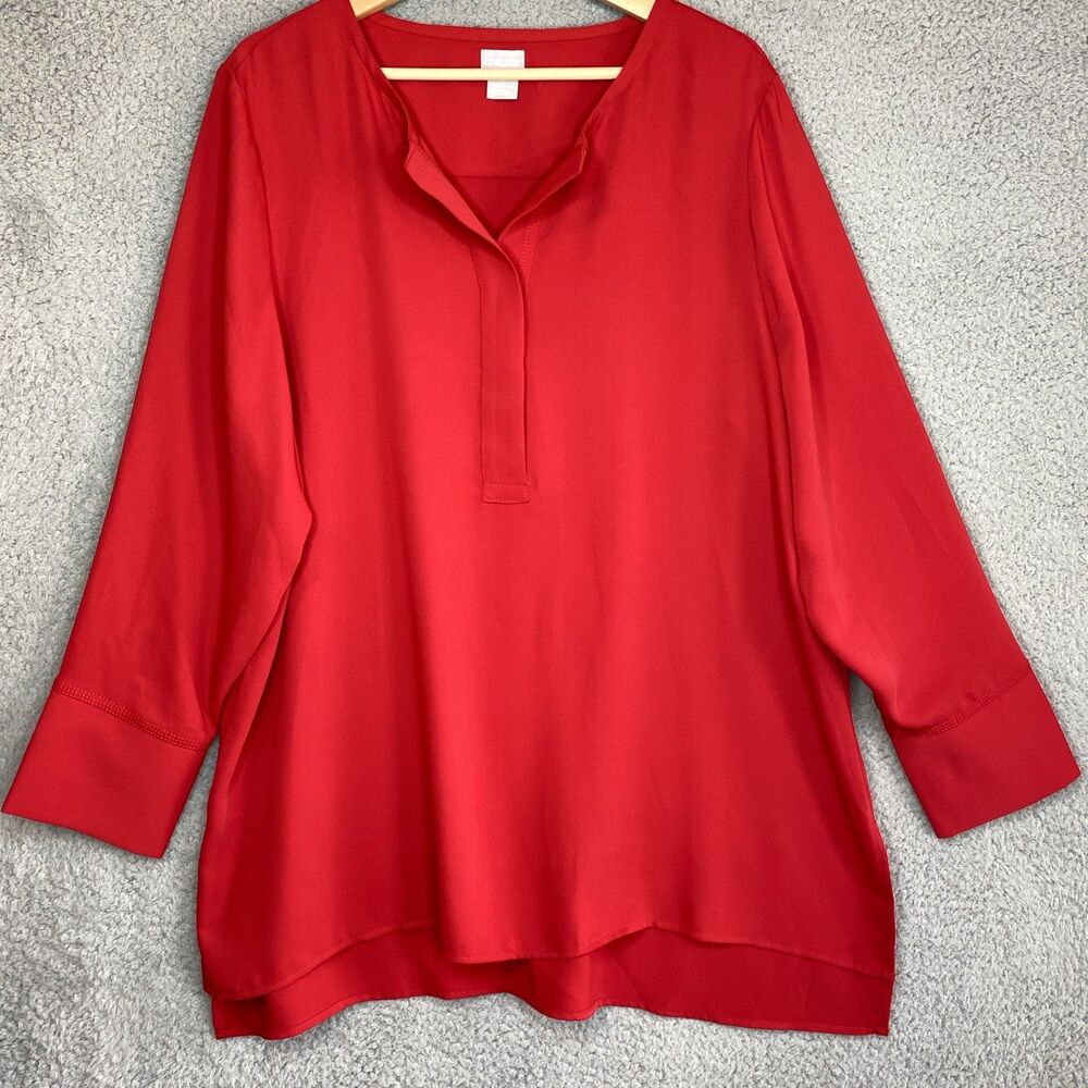 Chicos Womens Minimalist Career Sz XL Red V Neck Tunic Top Button Cuffs Blouse